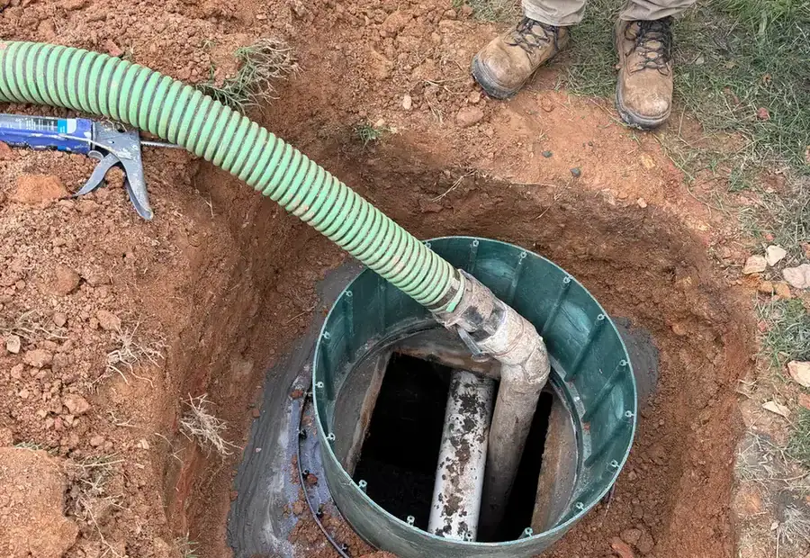Vacuum hose lowered into an open septic tank riser during septic tank pumping